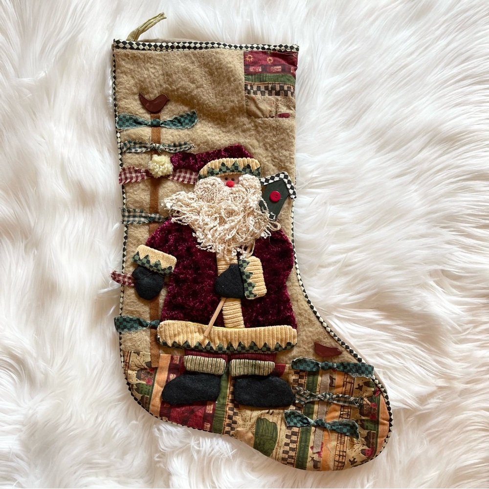 VTG Embellished Primitive Christmas Stocking - Santa Holding Birdhouse